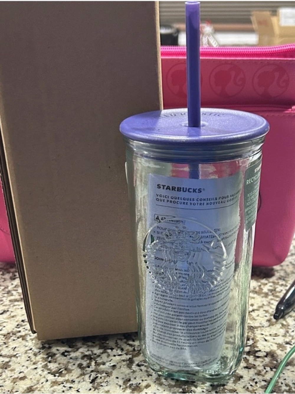 Starbucks Clear Glass Tumbler with Green Recycled Label and Purple Lid
